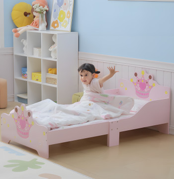 Cama de Criança +3 anos 143x73x60 cm Cama de Criança em Madeira com Estampado de Coroa Carga 50 kg para Quarto Rosa