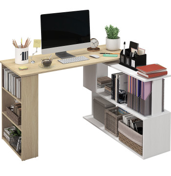 Bureau de table d'ordinateur Tournable 360° avec 5 étagère pour la maison en bois et blanc