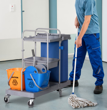 Voiture de nettoyage professionnel avec slipper avec 3 sangles et 2 Buckets 18L Sac avec roues Tampa 111x63,3x103cm Bleu Gris et Orange
