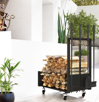 Essenza Suporte para Lenha com Rodas Metálico 48x30x76 cm Preto