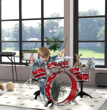 Batteria infantile con Banca della batteria per bambini sopra i 3 anni con Tamburi a pedale e Disegno della lacca con Tema stella 65x22x57 cm Rosso