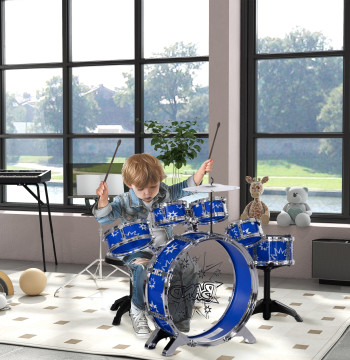 Batteria infantile con Banca della batteria per bambini al di sopra di 3 anni con Tamburi a pedale e Tema Bacquet Star Design 65x22x57 cm Blu