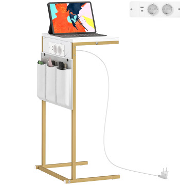 Mesa Auxiliar com Estação de Carga Mesa Lateral com 2 Entradas USB 1 Entrada USB-C e Bolsa Organizadora Mesa Auxiliar para Sala de Estar Dormitório 25,5x40x71 cm Branco
