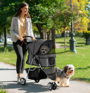 Carrinho para Animais de Estimação Dobrável Carrinho para Cães e Gatos com Rodas Giratórias Cesto e Suporte para Copos 75x45x97 cm Cinzento