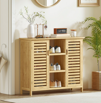 Sapateira com 2 Portas de Bambu em Ripas Sapateira para Entrada com Prateleiras e Compartimentos Abertos para 9 Pares de Sapatos 100x33x86 cm Madeira