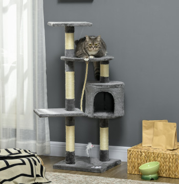 Arranhador para Gatos com Arranhador de 116 cm e 4 Níveis com Poste para Afiar as Garras Caverna Espaçosa Plataformas e Brinquedos Divertidos 40x40x116 cm Cinzento Escuro