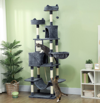 Arranhador para Gatos Grande Arranhador para Gatos Torre para Gatos com Plataformas Caverna Bolas Suspensa e Rede 60x50x206 cm Cinza Escuro