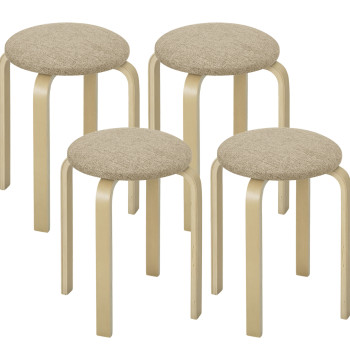 Conjunto de 4 Bancos Empilháveis Redondos Bancos Baixos de Cozinha com Assento Acolchoado para Sala de Jantar Quarto Escritório Sala Caqui e Madeira