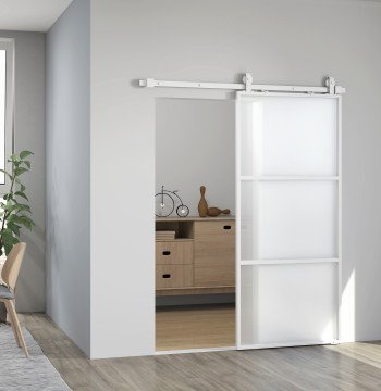 Porta de Correr con Accesorios Puerta de Correr de Vidrio con Mecanismo de Fecho Suave para Casa de Baño Sala de estar Cocina 91,4x203,2 cm Blanco