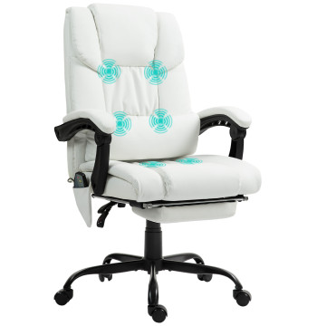 Cadeira de Escritório com Massagem de 6 Pontos Cadeira Giratória com Encosto Alto Reclinável Altura Ajustável Apoio para Pés e Controlo Remoto 66x75x112-122 cm Branco