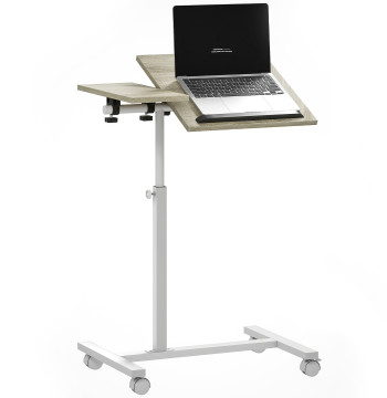 Mesa Auxiliar com Rodas Mesa para Sofá com Altura Ajustável Superfície Inclinável e Estrutura de Metal para Quarto Sala de Estar Escritório 57x40x67,5-101 cm Carvalho e Branco