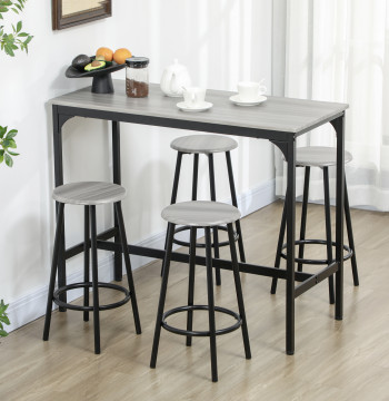 Chaises de table et de bar à meubles hauts avec 5 parties Table de repas industrielle et 4 banques rondes avec structure en métal pour salle à manger Pub Gray et Black