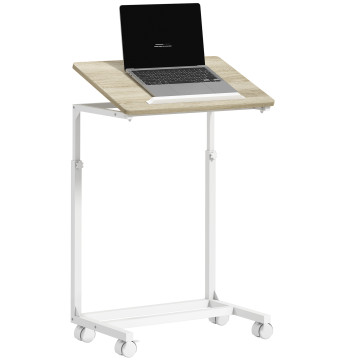 Mesa Auxiliar com Rodas Mesa para Sofá com Altura Ajustável Superfície Inclinável e Estrutura de Metal para Quarto Sala e Escritório 55x36x62,5-82,5 cm Madeira