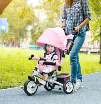 Triciclo para bebés Triciclo Evolutivo para niños de +12 Meses con Capota Dobrable Guíador Telescópico y Removible Bolsa y Porta-Garrafas 102x49x102 cm Rosa