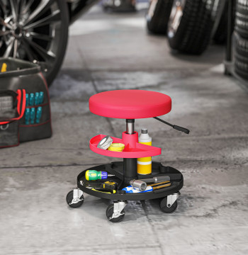 Banco de Oficina Giratório com Rodas Altura Ajustável de 40-51 cm Assento de Banco para Mecânico com 2 Bandejas para Ferramentas, Carga 135 kg para Garagem ou Reparação de Automóveis Vermelho