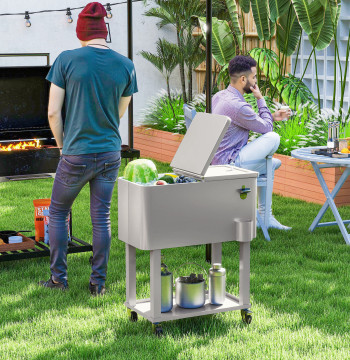 Carrinho Refrigerador de Bebidas de 56L Carrinho Refrigerador com Rodas Abridor de Garrafas e Prateleira para Pátio Festas Terraço Praia 67x35x80 cm Cinzento Claro