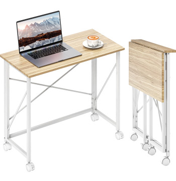 Secretária Dobrável com Rodas Mesa de Secretária Compacta Mesa para Computador Portátil para Casa Escritório Espaços Pequenos 80x40x75 cm Madeira e Branco