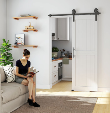 Porta de Correr Celeiro com Ferragens Porta Corredera de Interior com Puxador Rolo e Guia de Chão para Casa de Banho Sala de Estar 71,5x213,4 cm Branco