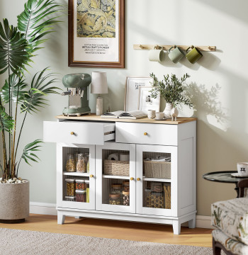 Trimmer 3 Modern Room Apparatus Porte di vetro con 2 cassetti e cesoie regolabili per sala da pranzo o ingresso 100x35x80,3 cm Bianco