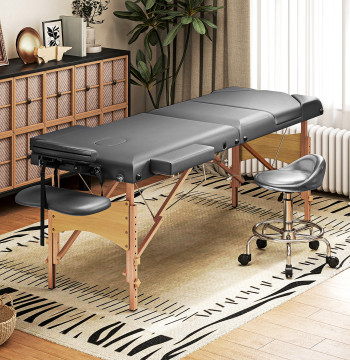 Marquesa de masaje Dobrable Portátil Marquesa Estética Profesional en Madeira de 3 Zonas con altura ajustable Apoyo de cabecera Apoyos de Brazo Acolchoados 215x60x64-89 cm gris