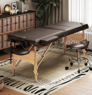 Marquesa de Masaje plegable portátil Marquesa de Estética Profesional de Madeira de 3 Zonas con altura ajustable Apoyo de cabecera Apoyos de Brazos Acolchoados para Spa Tatuajes 215x60x64-89 cm Marrom