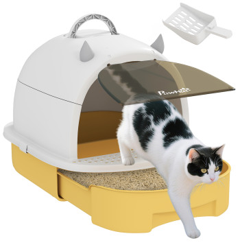 Caixa de Areia para Gatos Fechada Caixa de Areia para Gatos com Tampa e Bandeja Amovíveis Filtro de Carvão e Pá 40,5x52x39 cm Branco e Amarelo