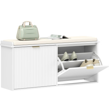 Banco Sapateira Móvel Sapateira Estreito Banco de Entrada com Siège tapisserie 2 Boîtes Battable et panneau d'onglet pour salle d'entrée salle de stand 104x26x47,5 cm Blanc
