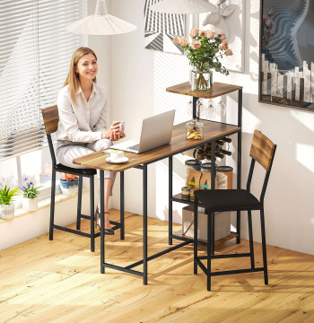 Ensemble de Table et Bar Banques Table de Cuisine Haute avec 2 Banques latérales Rebattables Vin et plateau Soutien Style industriel brun et noir