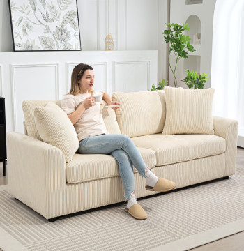 Canapé de 3 places modernes 212x80x88 cm Canapé Salon rembourré avec 2 oreillers Support de bras et structure en acier pour le salon Chambre Maison Bureau Crème