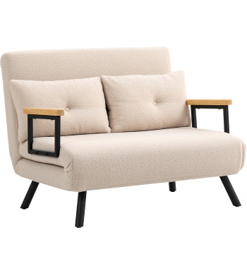 Sofá Cama Sofá Convertível em Cama de 2 Lugares Dobrável com Encosto Ajustável em 5 Níveis e 2 Almofadas Acolchoadas para Escritório Dormitório Sala de Estar 102x73x81 cm Bege