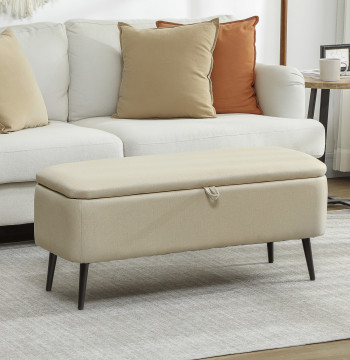 Rembourrage en lin de banque de stockage avec couvercle abatible et pieds en acier pour chambre de dortoir Charge maximale 150kg 101x38,5x44,5 cm beige