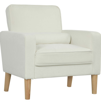 Poltrona Sala de Estar Poltrona Estofada em Veludo Poltrona de Leitura com Assento com Botões e Pés de Madeira para Quarto 76x79x82 cm Creme