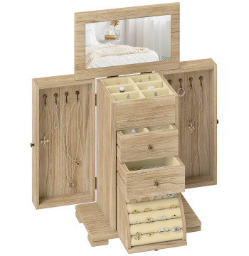 Caixa Joias de Madeira de 4 Níveis Organizador de Joias Grande com 2 Gavetas Espelho para Brincos Anéis Colares 26,5x16x33,5 cm Madeira