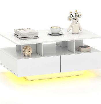 Mesa de Centro Moderna com LED Mesa de Centro com 4 Gavetas Prateleira Aberta e Luzes LED de 16 Cores para Sala de Estar 90x55x41 cm Branco Brilhante