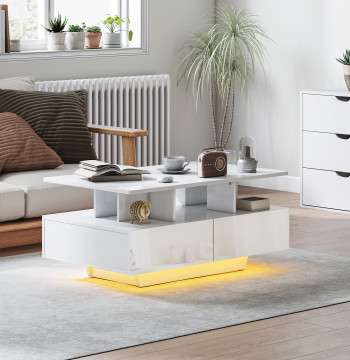 Tavolo centrale moderno con tavolo centrale a LED con 4 cassetti Scaffale aperto e 16 luci a LED colori per soggiorno 90x55x41 cm Bianco luminoso