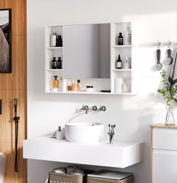 Cabinet de salle de bains avec miroir mural mobile Cabinet de salle de bains suspendu avec porte plate-forme ouverte 100x15x70 cm Blanc