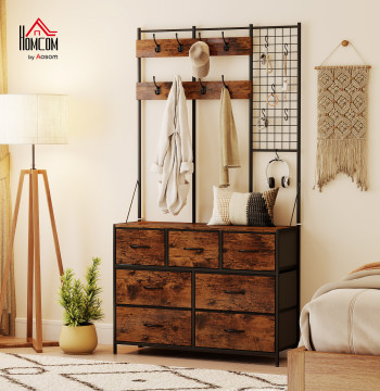 Supporto appendiabiti Mobile Fitting Entrance con Shoemaker 14 ganci 7 cassetti in tessuto e scaffale stile industriale per Corridor Room 100x30x183 cm Rustico marrone