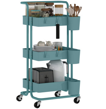 Carrinho de Cozinha de Aço Carrinho de Armazenamento com 4 Ganchos 3 Cestas Removíveis 3 Caixas Suspensas e Travões para Casa de Banho Sala de Estar Dormitório 42x38x86,5cm Preto
