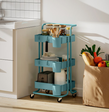 Carrinho de Cozinha de Aço Carrinho de Armazenamento com 4 Ganchos 3 Cestas Removíveis 3 Caixas Suspensas e Travões para Casa de Banho Sala de Estar Dormitório 42x38x86,5cm Preto