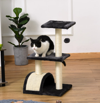Arranhador para Gatos Médio Arranhador para Gatos de 3 Níveis Torre para Gatos com Postes de Sisal Placa para Arranhar e Bola Suspensa Cinzento Escuro