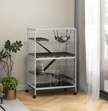 Cage rodé 80x52x128 cm Maison de 4 Hauteurs avec Rampes Suspendu Plateau Réseau Roues amovibles Portes Blanc Rajado et Noir