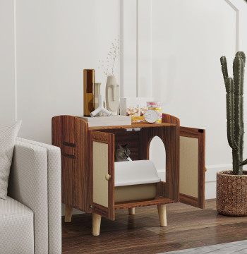 Boîte à sable mobile pour chats Boîte à sable pour chats Table auxiliaire avec portes en sisal et tapis Pieds en bois pour salle de douche 55x43x59.6 cm Rustique brun