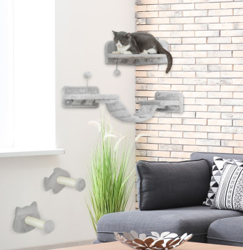 Ensemble de 4 Cat Climbing Shears 2 pièces de scratching muraux Postes de Sisal Double Platform avec échelle et plate-forme pour sauter gris