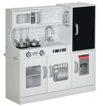 Cozinha de Brincar para Crianças acima de 3 anos Cozinha Infantil de Madeira com Acessórios Máquina de Gelo Ardósia e Telefone 83,8x26,8x81 cm Branco
