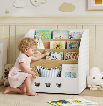 Estante Infantil para Brinquedos Organizador de Brinquedos de 4 Níveis com Compartimento Oculto para Quarto Infantil Sala de Jogos Creche 60x53x60 cm Branco e Madeira