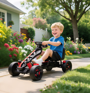 Kart a Pedais para niños a partir de los 3 Años Kart con Embraiaje Automática Travão Rodas Antiderrapantes en EVA y Estructura Metálica Carga 50 kg 100x59x60,5 cm Rojo