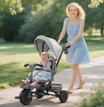 Tricycle évolutionnaire 6 en 1 Tricycle pour bébés pliables 1-5 ans Siège pivotant 360° Gut Back Auvent inclinable Panier de ceinture de sécurité, soutien des pieds 111,5x52x98 cm Gris