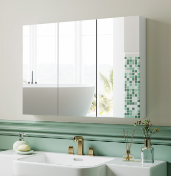 Cabinet de salle de bains avec miroir mur Cabinet suspension Salle de bains avec 3 portes de garde réglables 91,5x11,5x65 cm Blanc