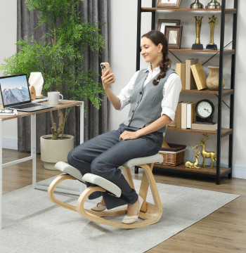 Sedia ergonomica di ginocchio con cuscino posteriore imbottito struttura in legno per migliore ufficio di postura 51x84x93 cm Crema
