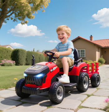 Tracteur électrique pour enfants avec batterie de remorquage démontable 12V Vitesse 3-5 km/h Télécommande 2.4G Musique Horn pour enfants 3-8 ans 139x58x55 cm Rouge